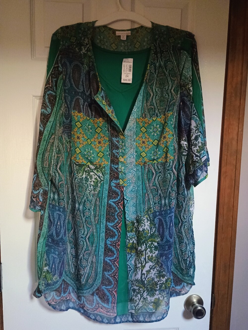 Westport 1962, Woman's 2x Sheer Tunic blouse W/ Green Asymmetric Silk Blouse